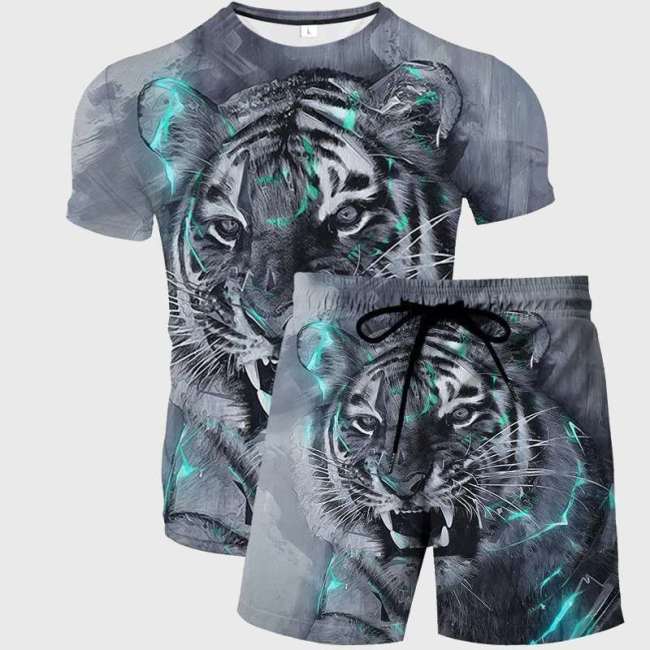 Tiger Face Print Shirt Shorts Set