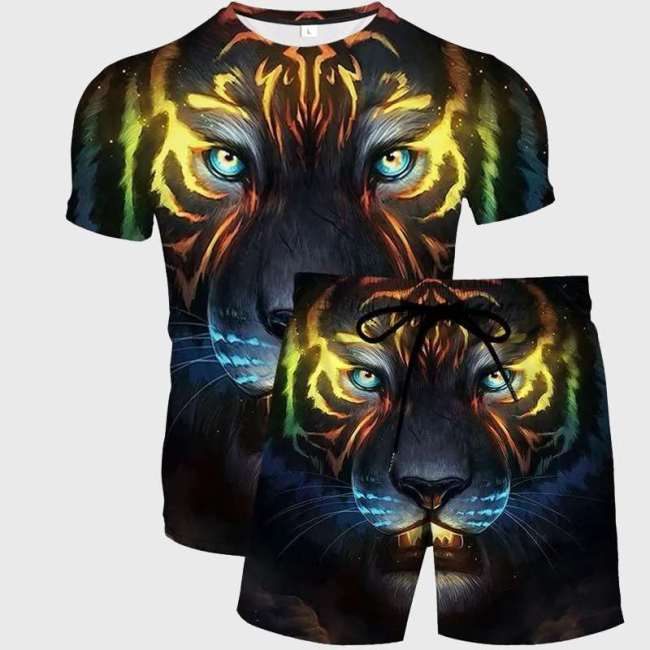 Colorful Tiger Print Shirt Shorts Set