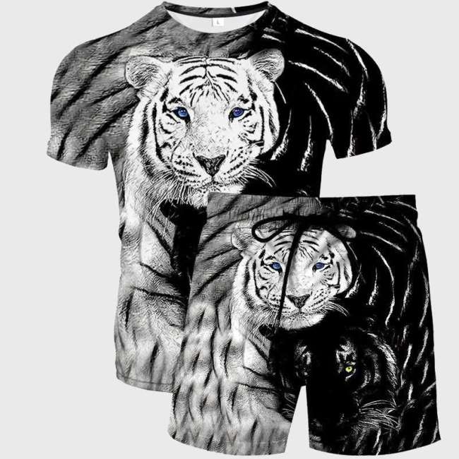 Black White Tiger Shirt Shorts Set
