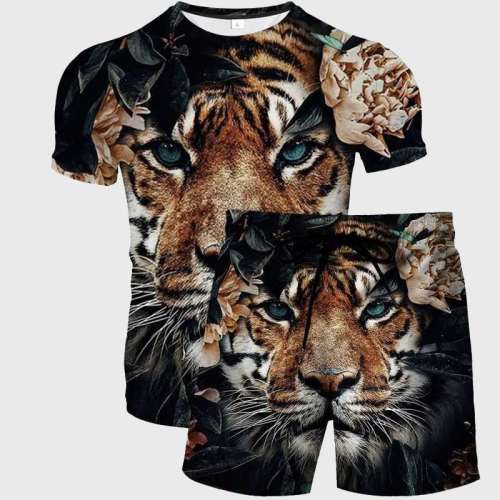 Tiger Flowers Print Shirt Shorts Set