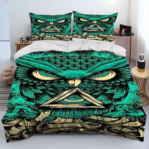 Green Owl Face Print Bed Set