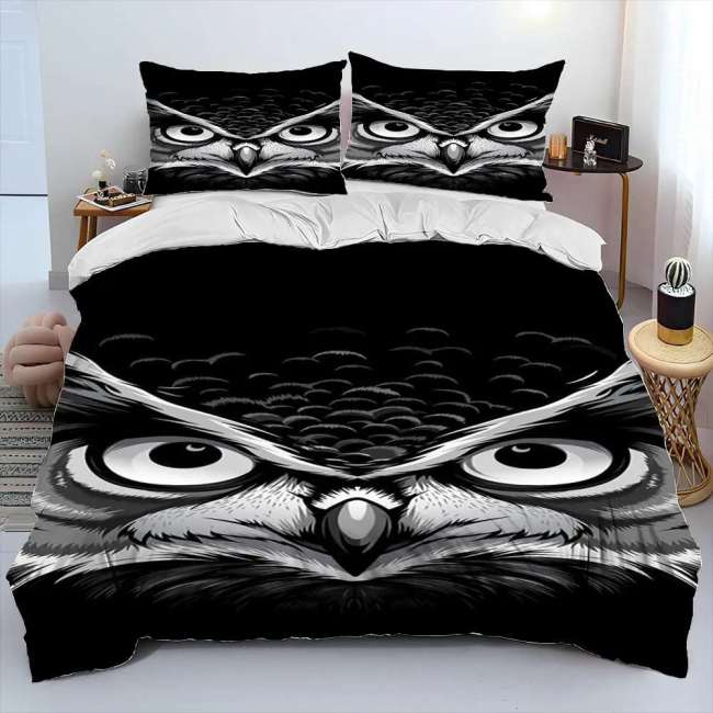 Black Owl Face Print Bed Set