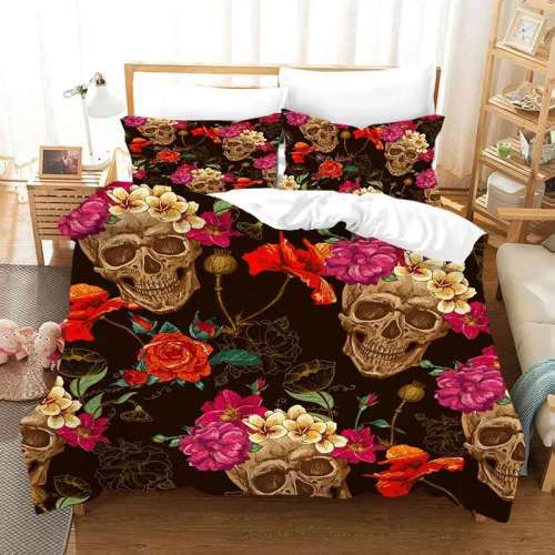 Black Flowers Skull Bedding Cover