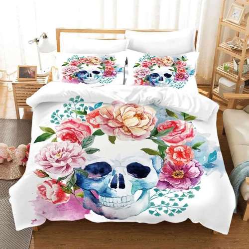 White Flowers Skull Bedding Cover