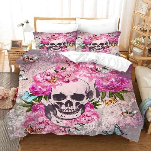 Pink Flowers Skull Bedding Cover