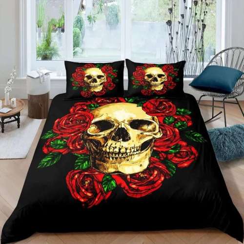 Black Flowers Skull Bedding Cover