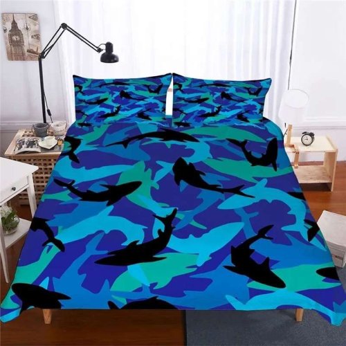 Blue Cartoon Sharks Bedding Set