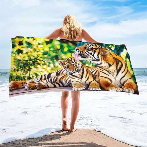 Tiger Mom And Baby Beach Towel