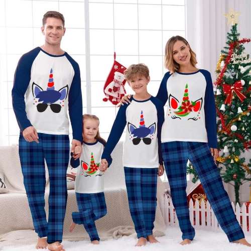 Christmas Matching Family Pajamas Unicorn Green Blue Plaids Pajamas Set