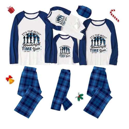 Christmas Matching Family Pajamas Exclusive Design Wonderful Time Blue Plaids Pajamas Set