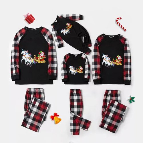 Christmas Matching Family Pajamas Santa Claus and Unicorn Black Red Plaids Pajamas Set