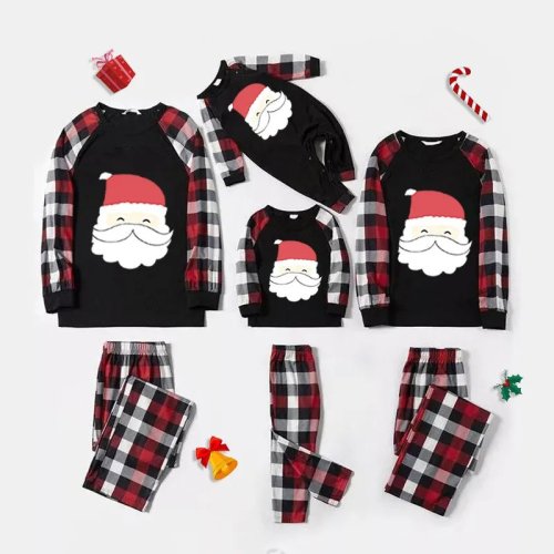 Christmas Matching Family Pajamas Red Christmas Hat Santa Claus Black Plaids Pajamas Set