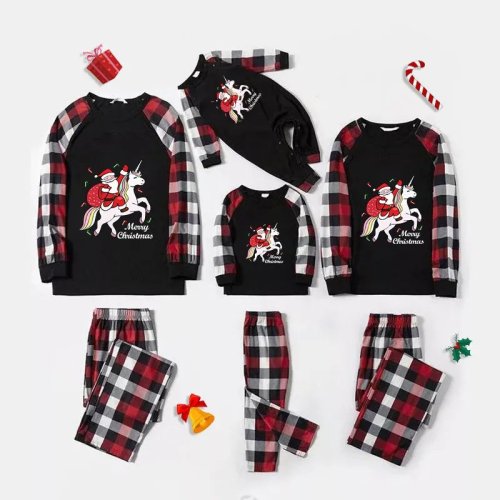 Christmas Matching Family Pajamas Unicorn Riding Santa Black Red Plaids Pajamas Set