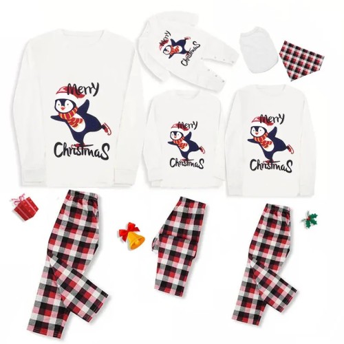 Christmas Matching Family Pajamas Navy Flying Skiing Penguin Merry Christmas White Pajamas Set
