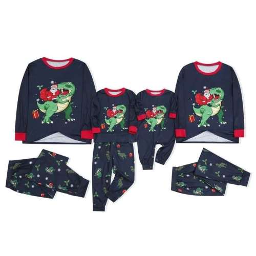 Navy Santa Claus Jurassic Dinosaurs Christmas Family Matching Sleepwear Pajamas Sets
