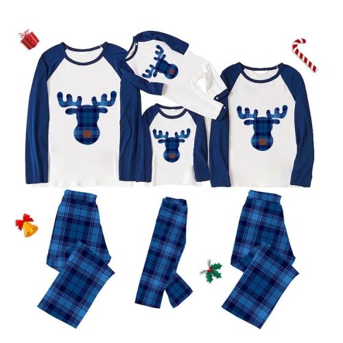 Christmas Matching Family Pajamas Plaids Deer Blue Pajamas Set