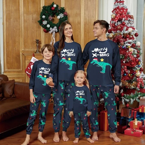Christmas Matching Family Pajamas Navy Merry Xmas Dinosaurs Christmas Family Matching Pajamas Sets