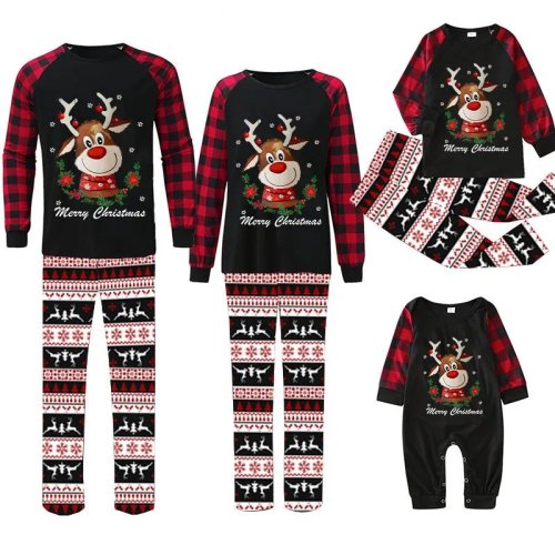 Christmas Matching Family Pajamas Deer With Flowers Seamless Reindeer Black Pajamas Set