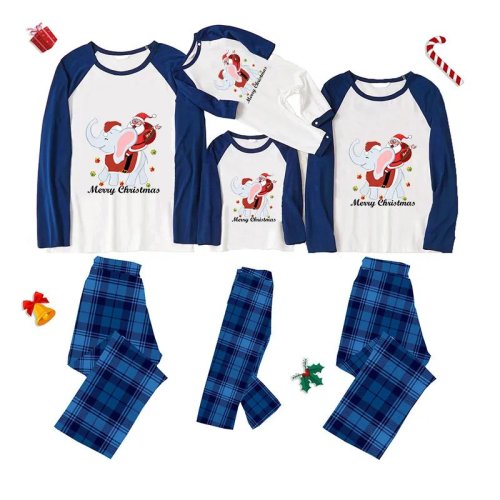 Christmas Matching Family Pajamas Merry Christmas Santa Claus Elephant Blue Plaids Pajamas Set