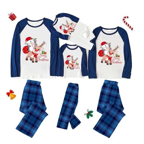 Christmas Matching Family Pajamas Blue Cartoon Penguins Deer Pajamas Set