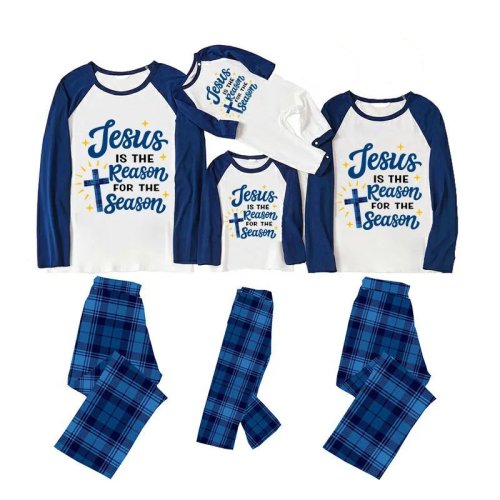 Christmas Matching Family Pajamas Jesus Is The Reason To The Season Blue Plaids Pajamas Set
