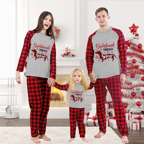 Christmas Matching Family Pajamas Dachshund Through the Snow Plaids Gray Pajamas Set