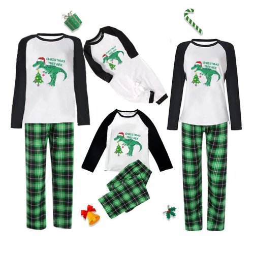 Christmas Matching Family Pajamas Dinosaur Christmas Tree Green Plaids Pajamas Set