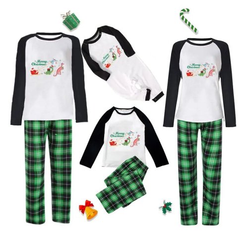 Christmas Matching Family Pajamas Dinosaur and Santa Claus Green Plaids Pajamas Set