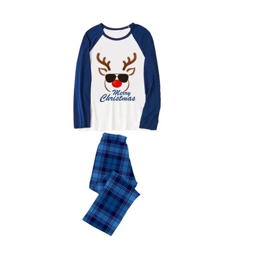 Christmas Matching Family Pajamas Merry Christmas Deer Head Blue Plaids Pajamas Set