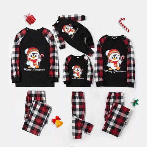 Christmas Matching Family Pajamas Cartoon Penguin Merry Christmas Black Red Plaids Pajamas Set