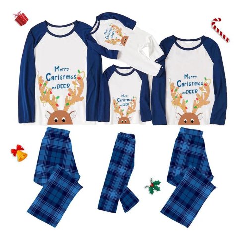 Christmas Matching Family Pajamas Mery Christmas Anlter with Lights Blue Plaids Pajamas Set