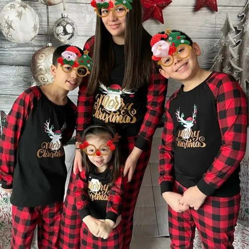 Christmas Family Matching Pajamas Sets Elk Slogan and Red Plaid Sets