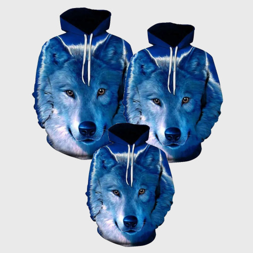Family Matching Hoodie Blue Wolf Face Hoodies