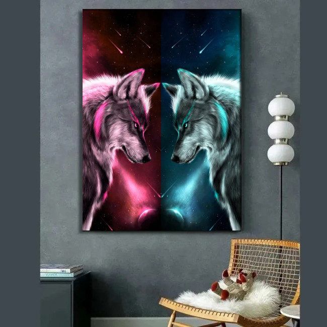 Galaxy Double Wolf Painting Art