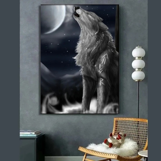 Wolf Howling Moon Painting Art