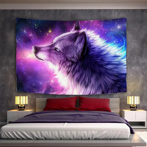 Purple Galaxy Wolf Tapestry