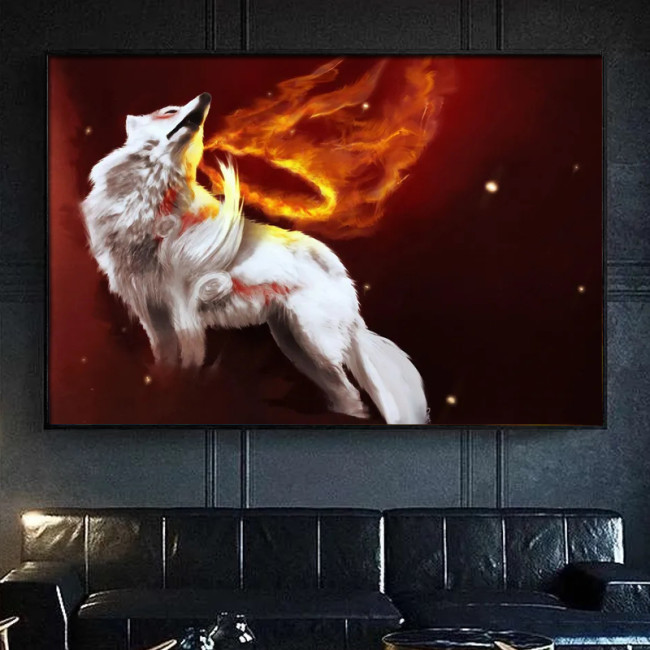 Anime Fire Wolf Painting Art