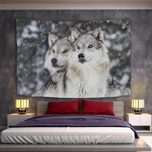 Snow Wolf Couples Tapestry