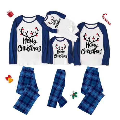 Black Reindeer Head Merry Christmas Family Pajamas Blue Pajamas Set