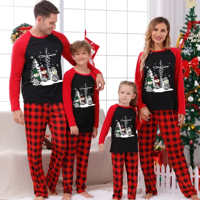 Christmas Tree Forth Hope Love Snowman Cross Christmas Family Pajamas Red Plaids Pajamas Set