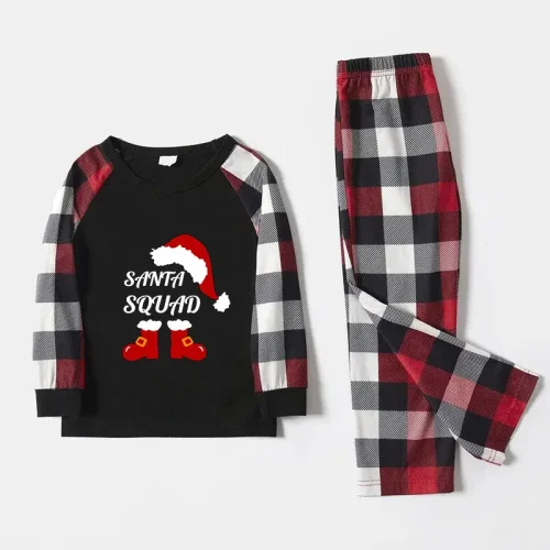 Santa Squad Black Christmas Family Pajamas Red Plaids Pajamas Set