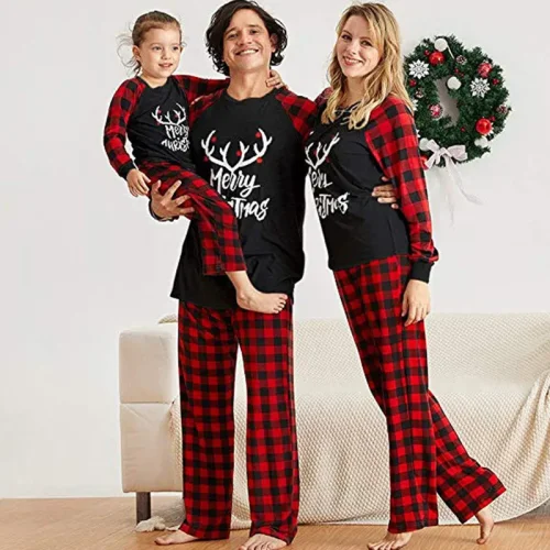 Merry Christmas White Antlers Christmas Family Pajamas Red Plaids Pajamas Set