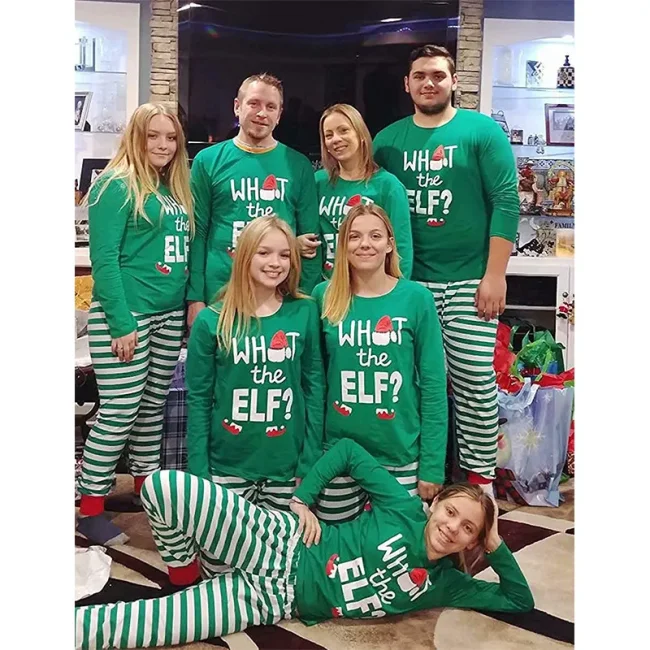 Green What ELF Christmas Family Pajamas Striped Set