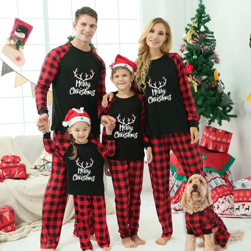 Merry Christmas White Antlers Christmas Family Pajamas Red Plaids Pajamas Set