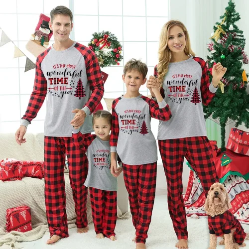 Most Wonderful Time Christmas Family Pajamas Red Plaids Pajamas Set