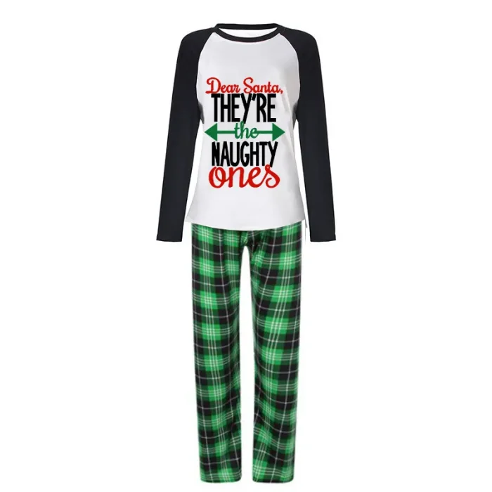 Dear Santa Naughty Ones Christmas Family Pajamas Green Plaids Pajamas Set