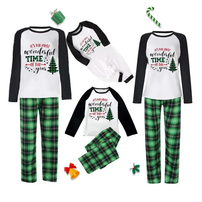 The Most Wonderful Time Of Year Christmas Family Pajamas Green Plaids Pajamas Set
