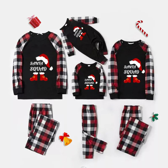 Santa Squad Black Christmas Family Pajamas Red Plaids Pajamas Set