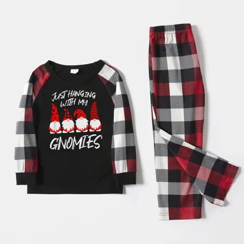 Just Hanging With My Gnomies Christmas Family Pajamas Black Plaids Pajamas Set