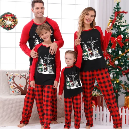 Christmas Tree Forth Hope Love Snowman Cross Christmas Family Pajamas Red Plaids Pajamas Set